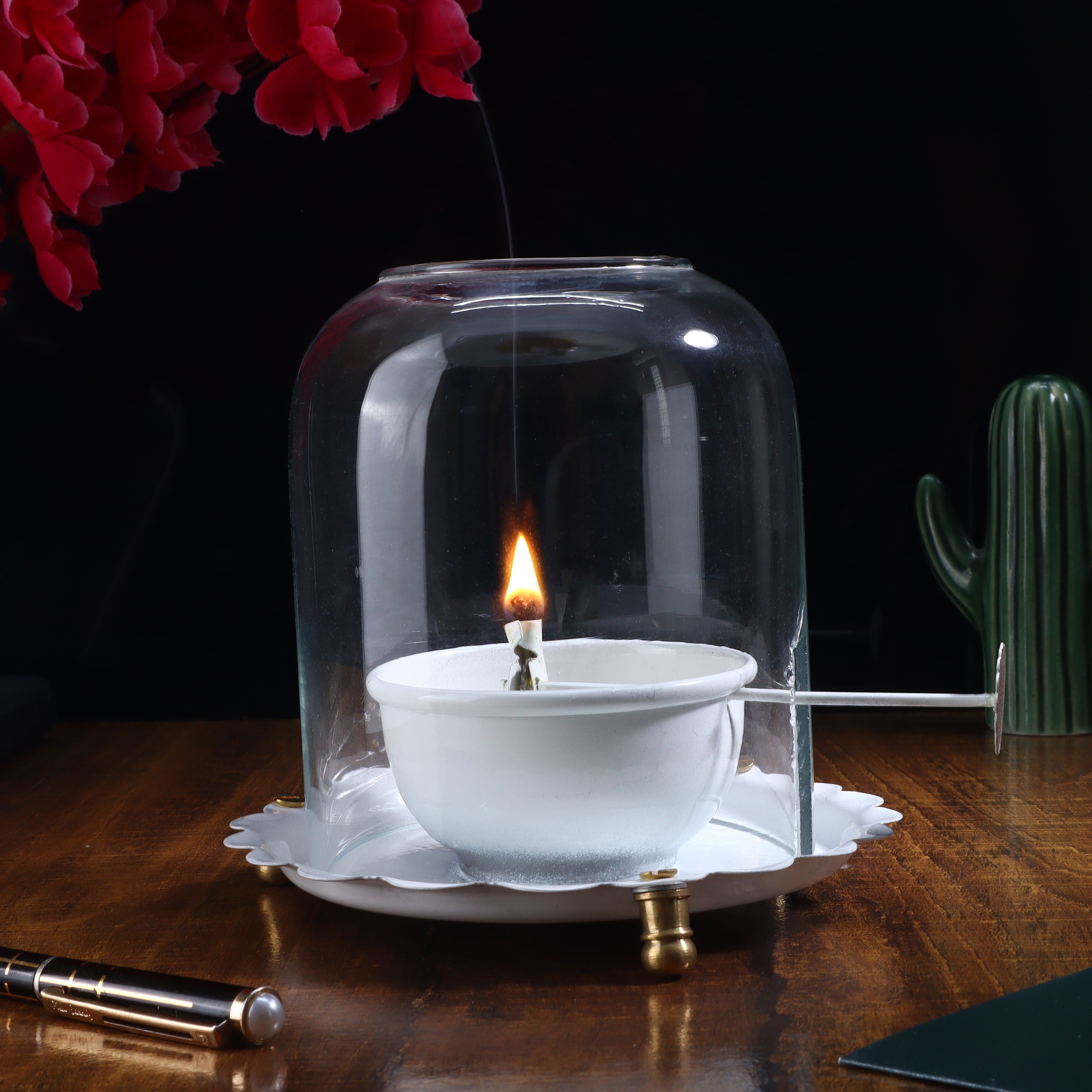 starlight White Akhand Diya with Metal Base & Acrylic Frame – Oil Lamp for Pooja & Rituals White Metal Table Lantern-picture-27