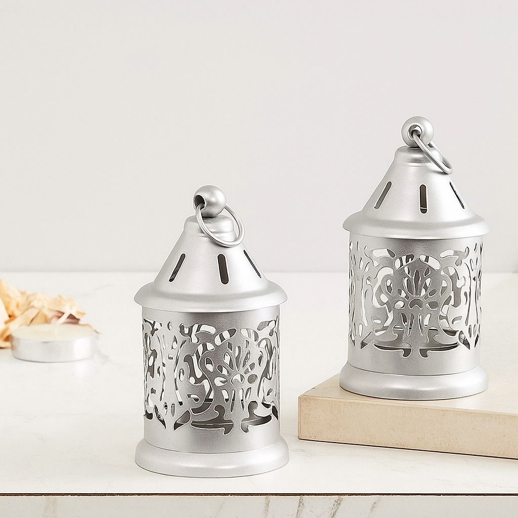 d4decor Silver Lantern Decorative Pack of 2 Tealight Holder Silver lantern Silver Iron Hanging Lantern-picture-32