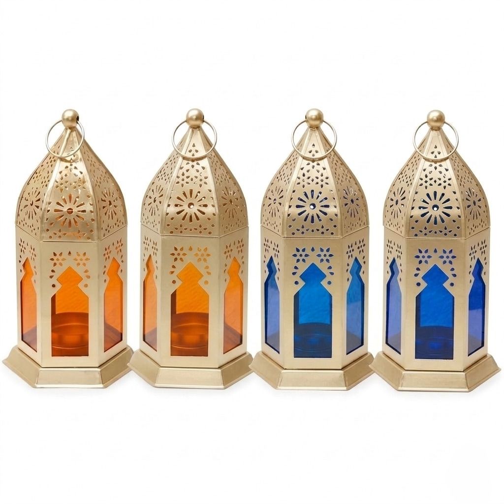 Antique Gold Finish Hexagonal Glass Lantern Set Gold Metal Table Lantern-image-5