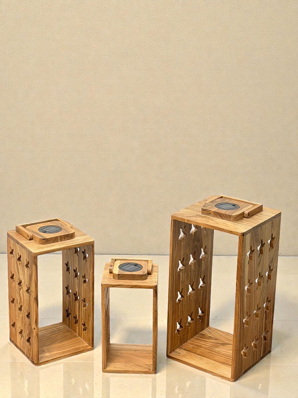 Set of 3 Starry Night Cut – Acacia Wood Solar Lantern Beige Wooden Table Lantern-image-37