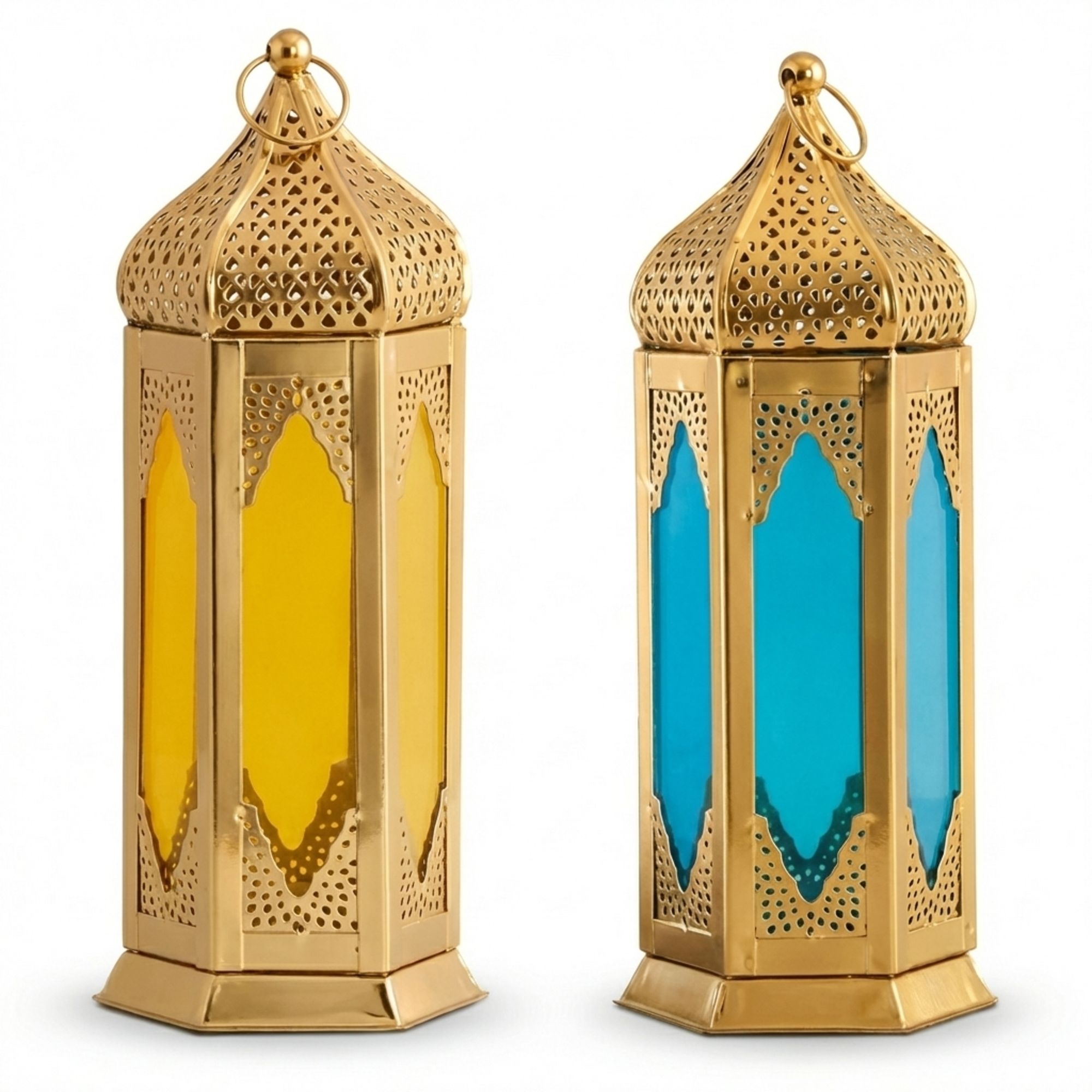 Set of 2 Moroccan Style Yellow & Blue Lantern Gold, Yellow, Blue Iron Hanging Lantern-image-31