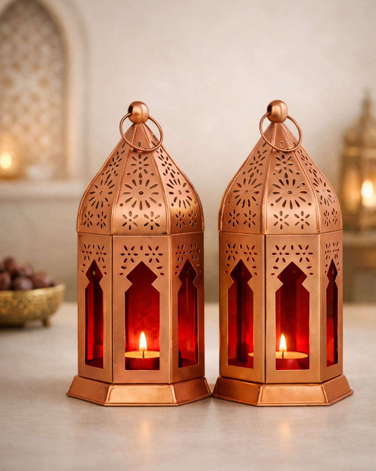 glowhere Vintage Hanging Candle Holders for Ramadan Decor, Eid, Diwali & Festive Set of 2 Red Iron Hanging Lantern-picture-11