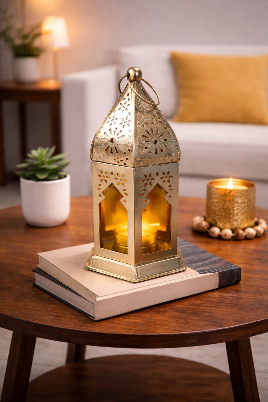 GOLDEN & YELLOW GLASS FOR HOME DECOR HANGING LANTERN PACK OF 1 Gold Iron Hanging Lantern-image-1