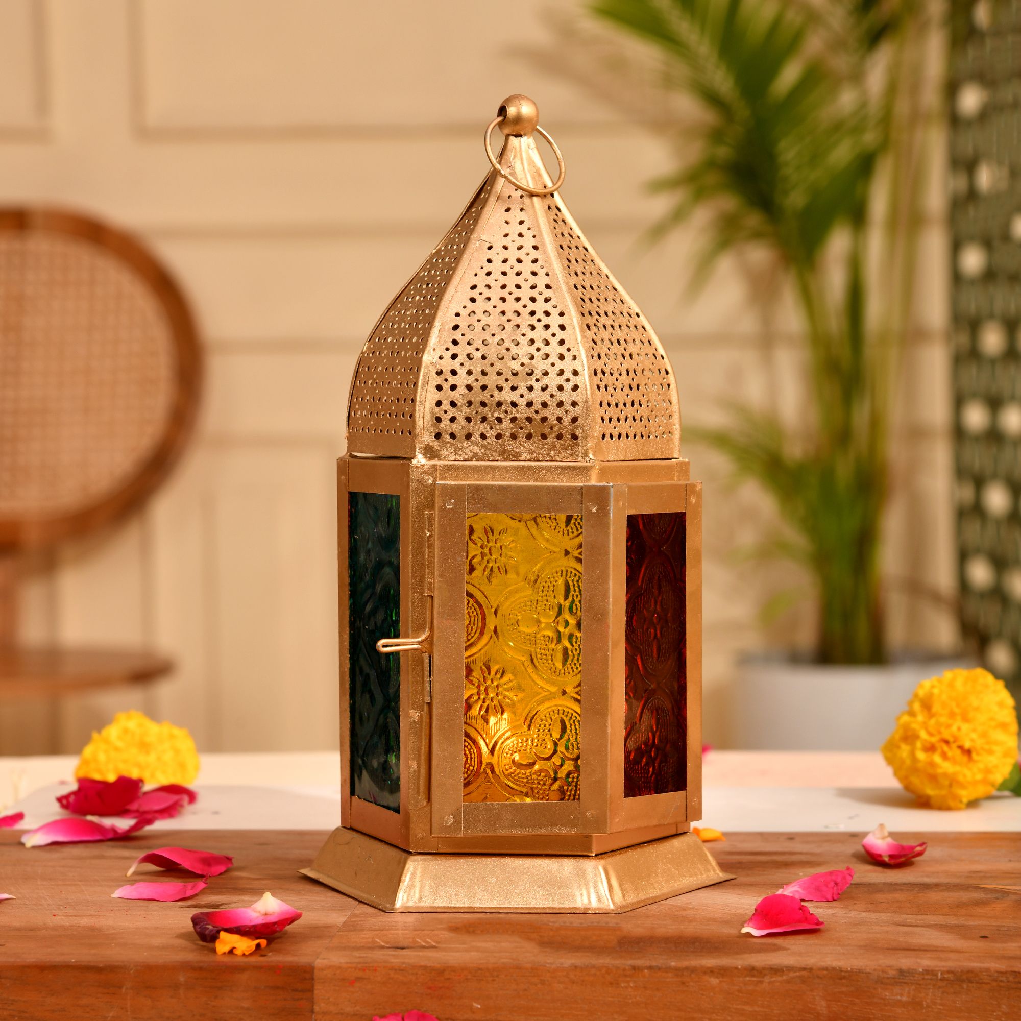 khwajadarbar Metal Tabletop Dia Lamp | Multicolor Glass Decorative Lantern Gold Brass, Glass Table Lantern-picture-24