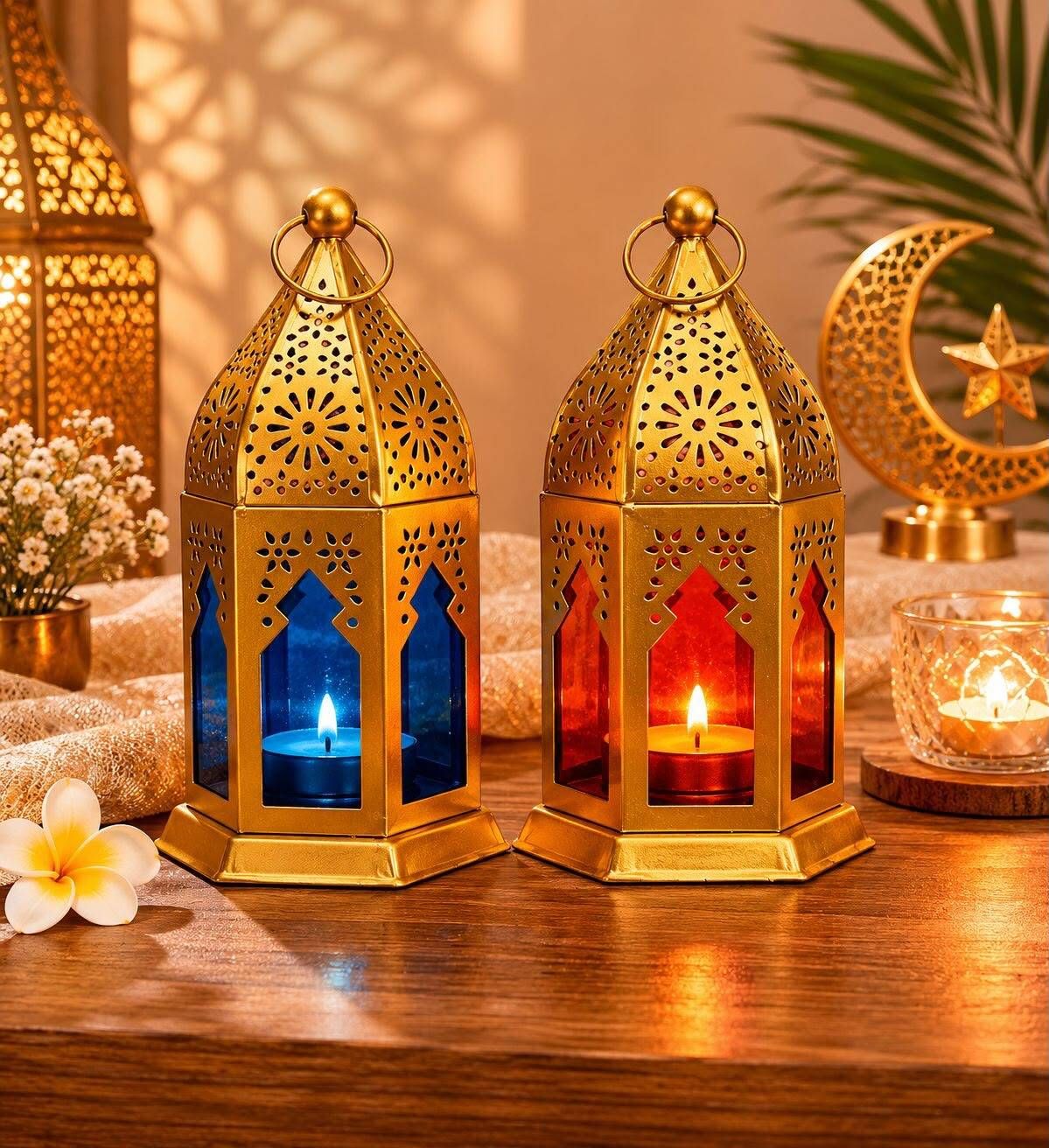 Golden Decorative Tea Light Lantern Set Blue Iron Hanging Lantern-image-3