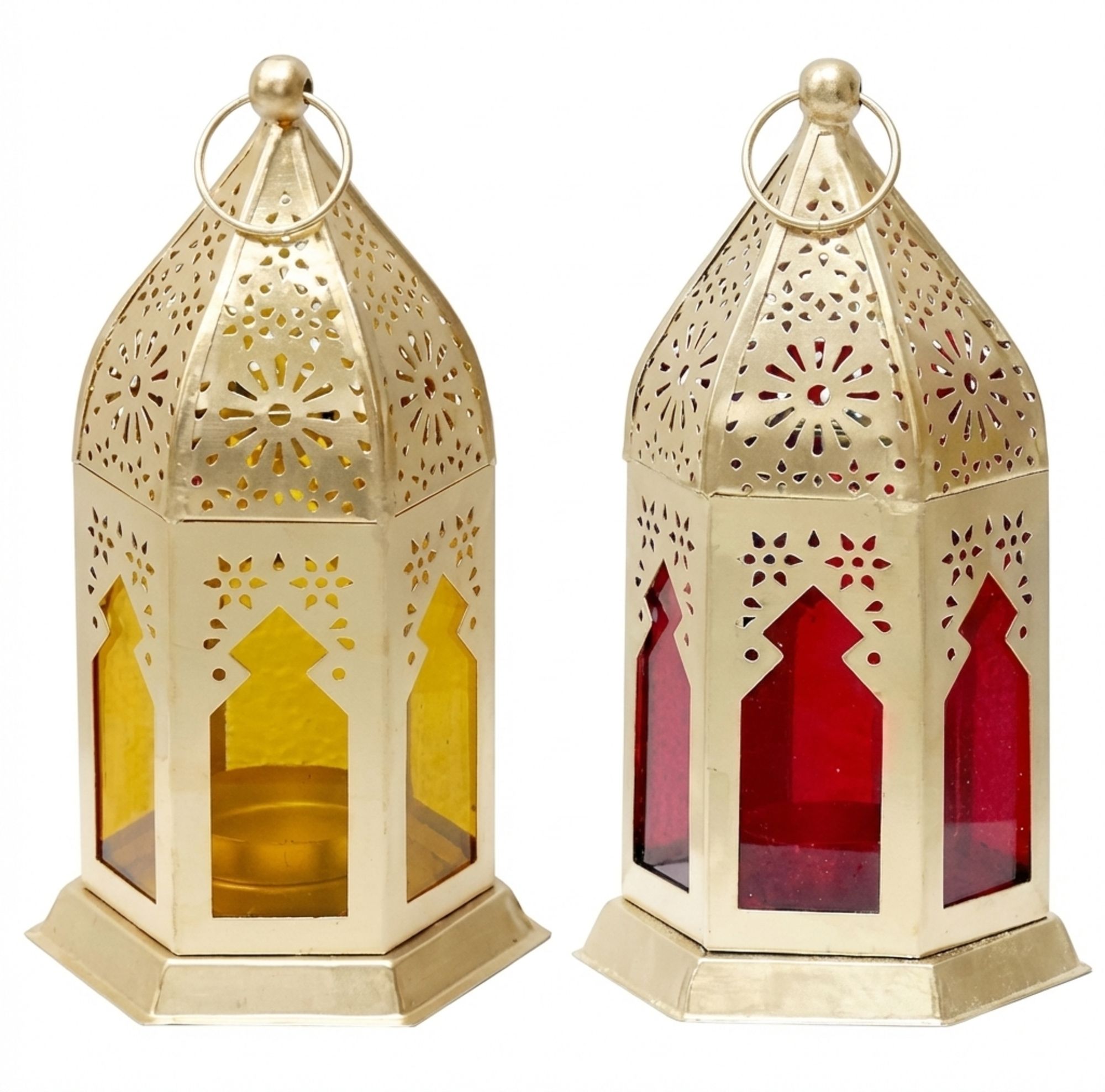 Moroccan Style Yellow and Red Glass Lantern Set of 2 Yellow, Red Iron Hanging Lantern-image-43