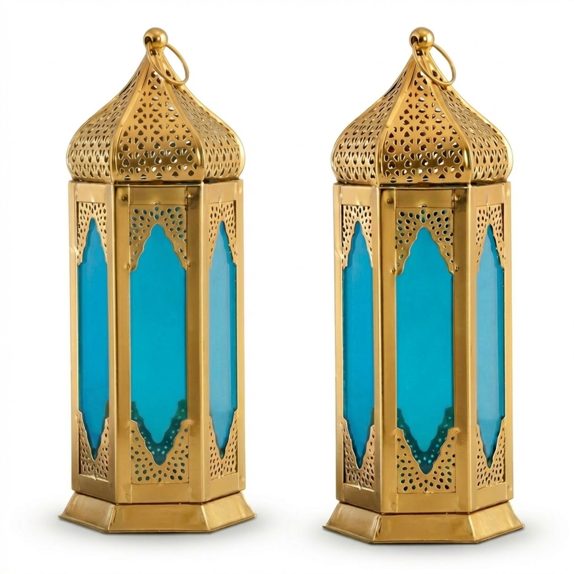 Moroccan Style Blue Glass Lantern Set of 2 Gold, Blue Iron Hanging Lantern-image-6