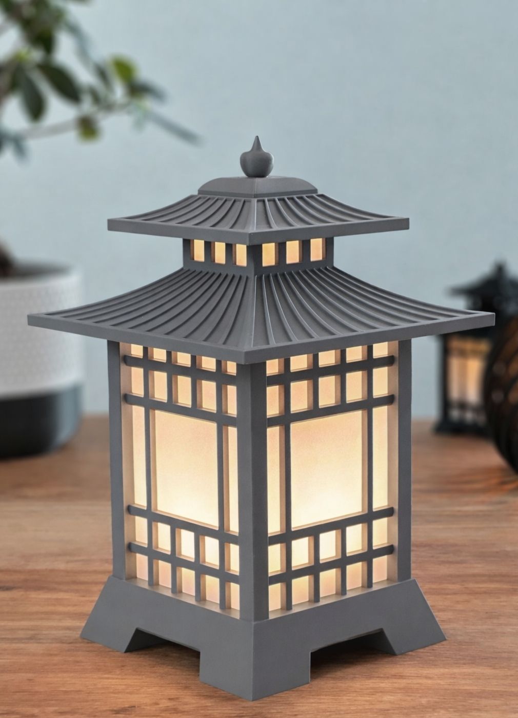 Kaito Lantern Table Lamp | Japandi Decorative Light | Modern Bedside Lamp Grey Polyresin Table Lantern-image-22