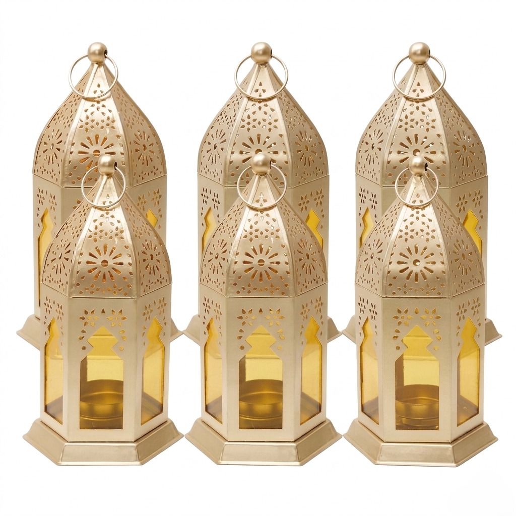 thenextliving Moroccan Decorative Metal Lantern Set of 6 Yellow Glass Lamps Gold Metal Table Lantern-picture-36