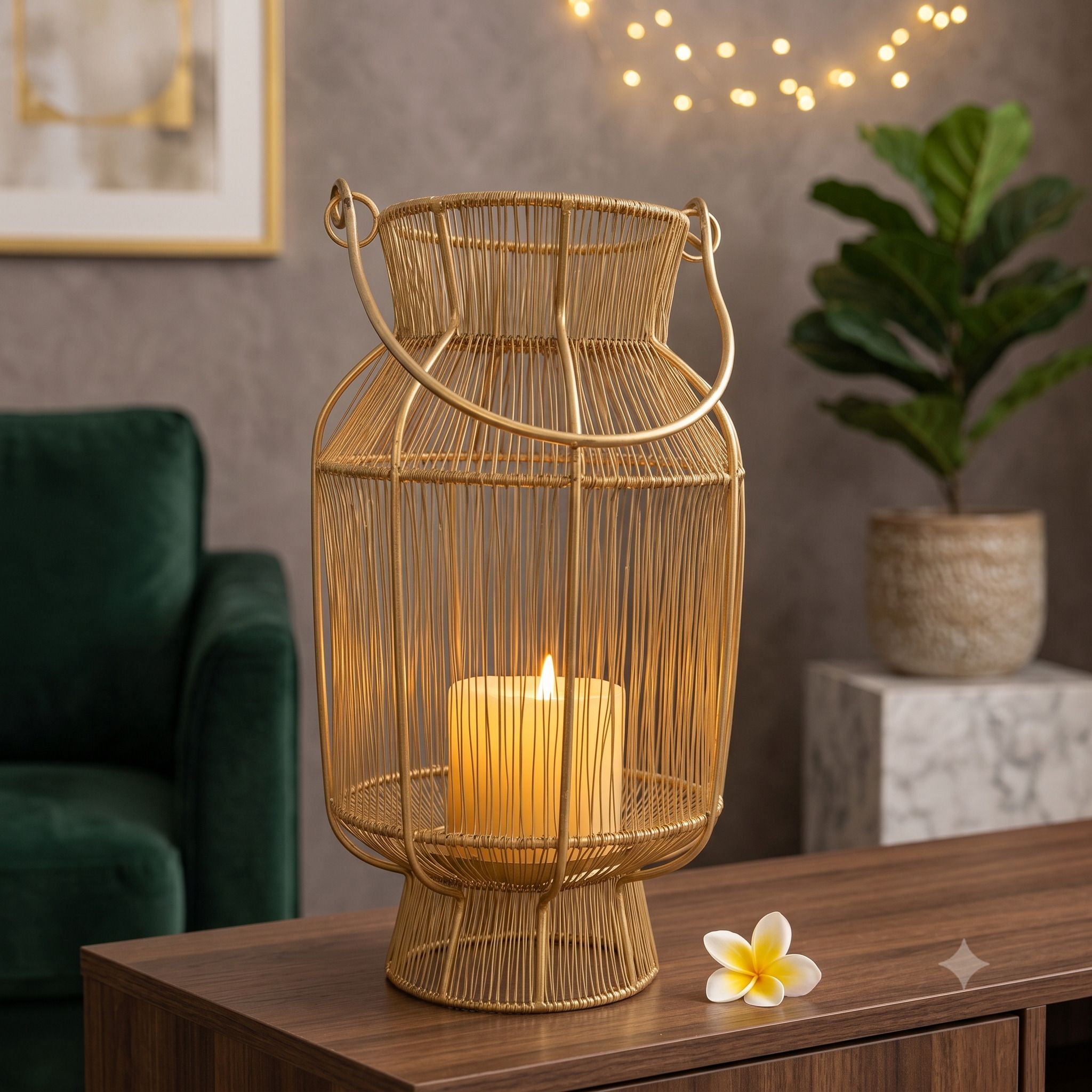 pure source india Gold Metal Wire Lantern - Hanging & Tabletop Pillar Candle Holder for Home Decor Gold Metal Hanging Lantern-picture-28