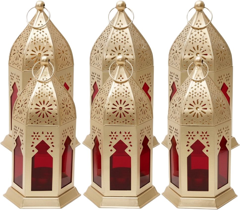 thenextliving Antique Gold Hexagonal Lantern with Red Glass Panels Gold Metal Table Lantern-picture-11