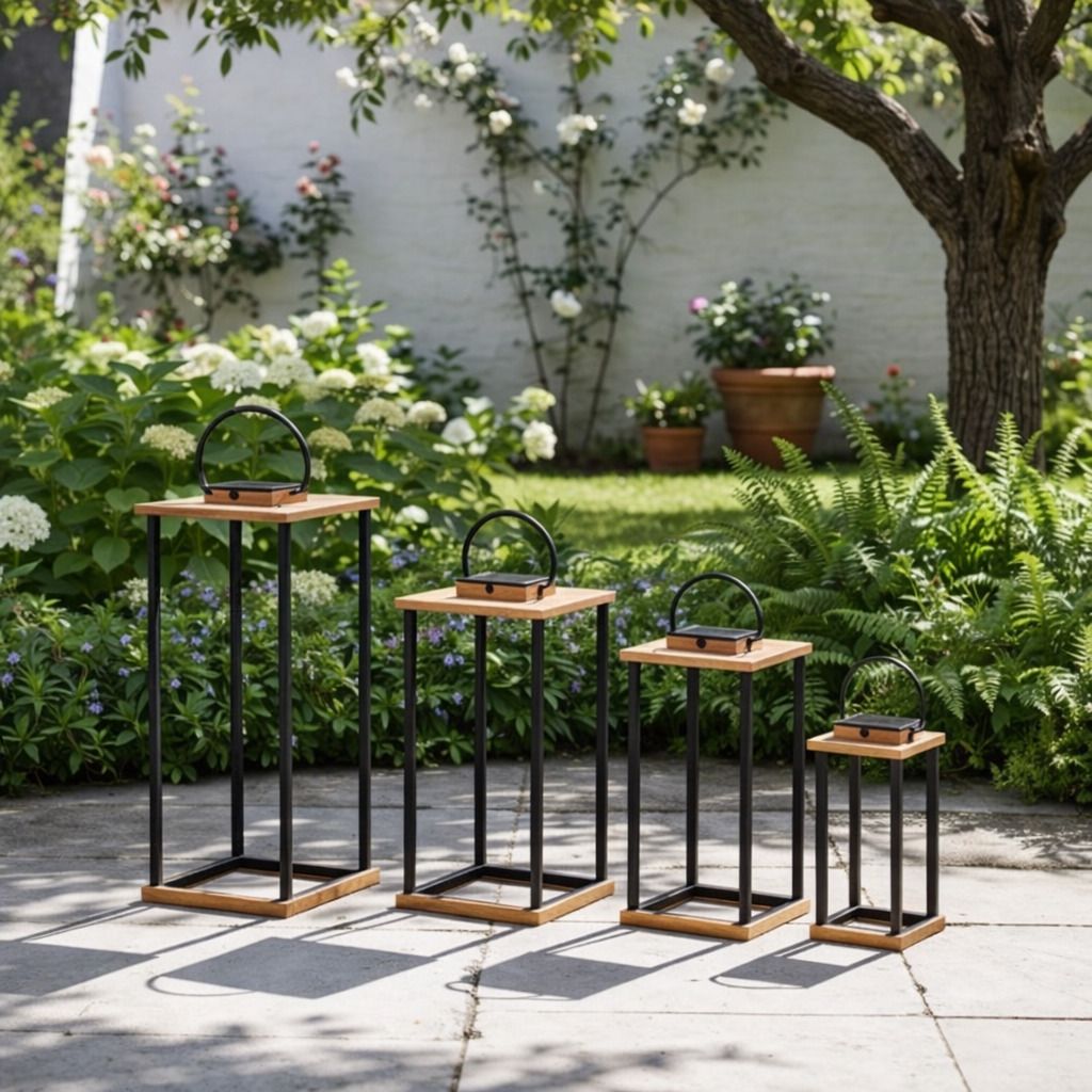 outset Set of Solar Lanterns – Black Iron Frame with Wood Top Black Iron Table Lantern-picture-22