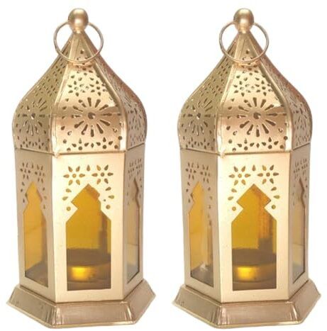 Elegant Gold Metal Decorative Lantern Candle Holder Set of 2 for Home Decor Yellow Iron Table Lantern-image-3