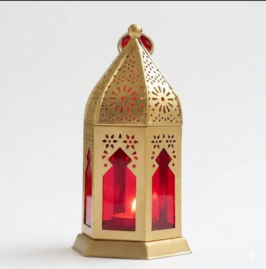 Antique Gold Finish Metal Lantern with Red Glass for Home Decor and Gifting Gold Iron Table Lantern-image-46