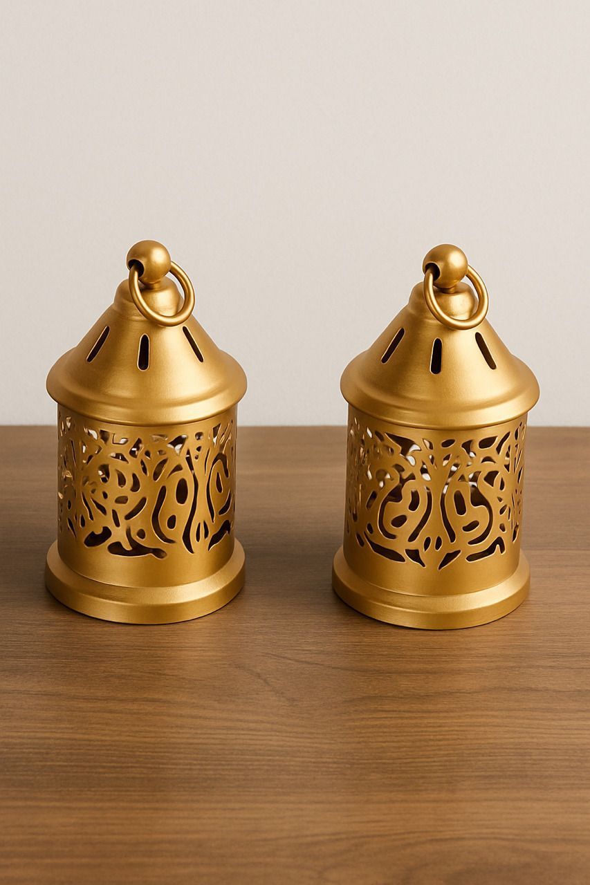 d4decor Metal Lantern Candle Holder,Centerpiece Diwali Decoration Set of 2 Gold Iron Hanging Lantern-picture-22