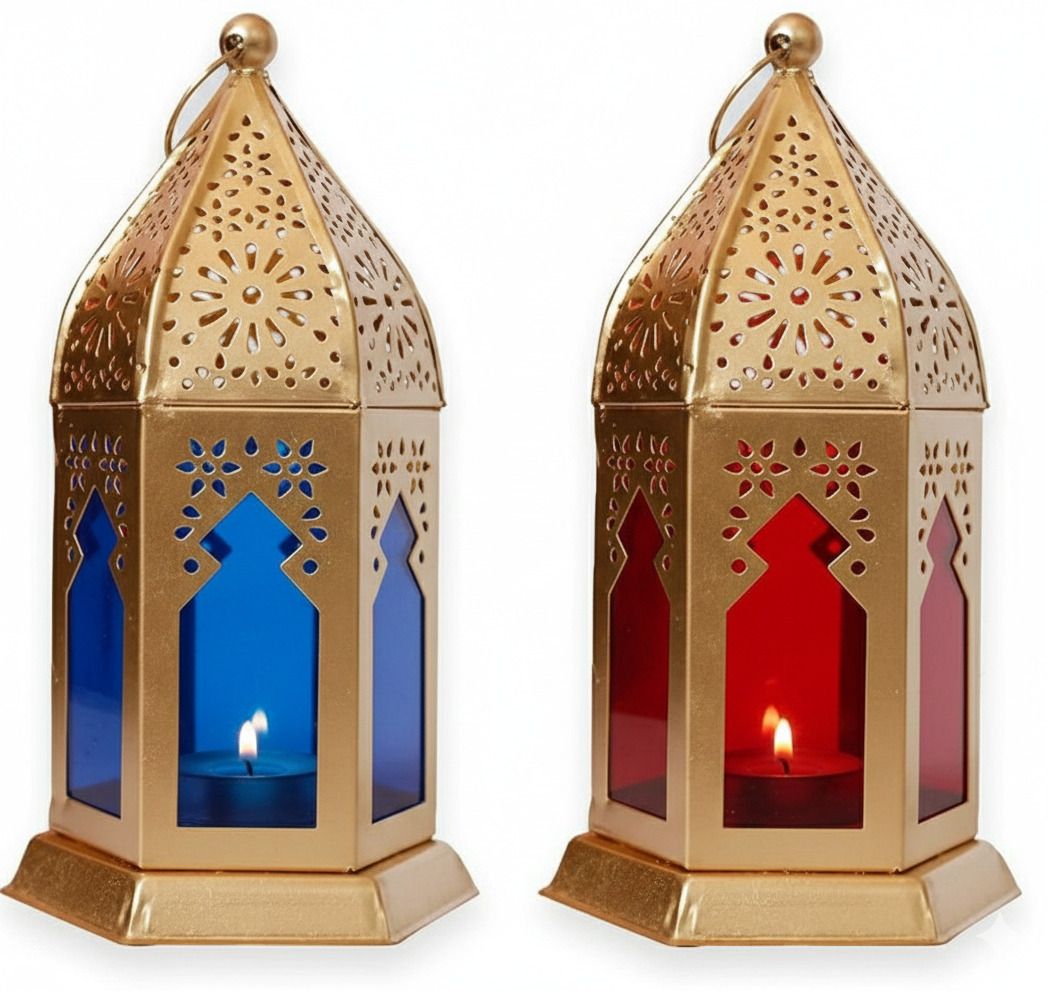 arru handicraft Moroccan Style Metal Glass Tealight Lanterns (Set of 2) Gold, Blue, Red Metal Hanging Lantern-picture-13