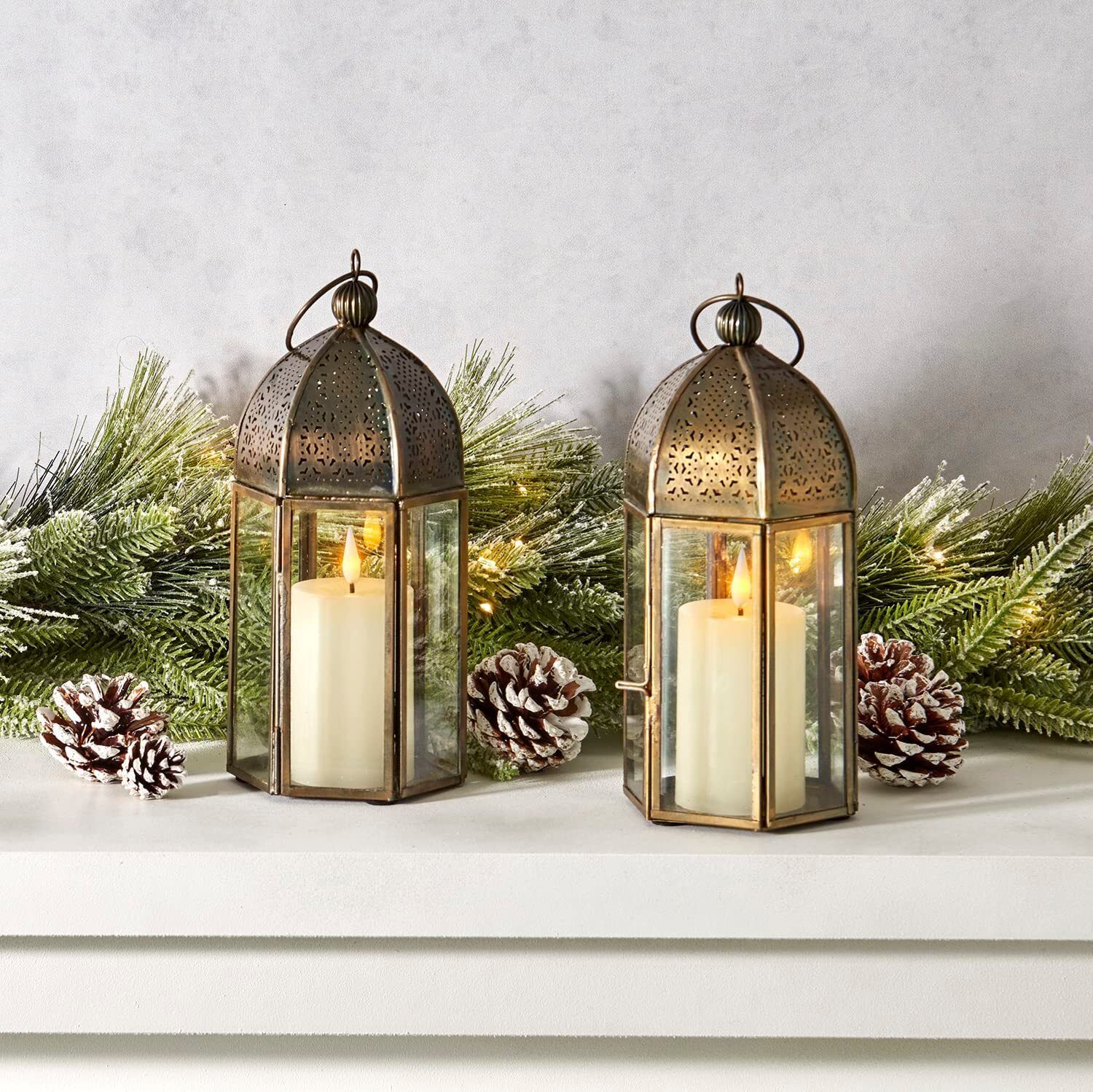 Decorative Moroccan Lanterns, Set of 2 pcs, Brass and Glass Candle Holder Gold Metal Table Lantern-image-20