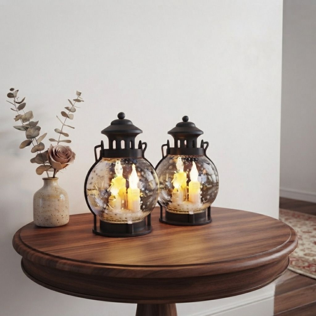 Vintage LED Candle Lantern Set of 2 Black Aluminium, Plastic, Glass Table Lantern-image-38