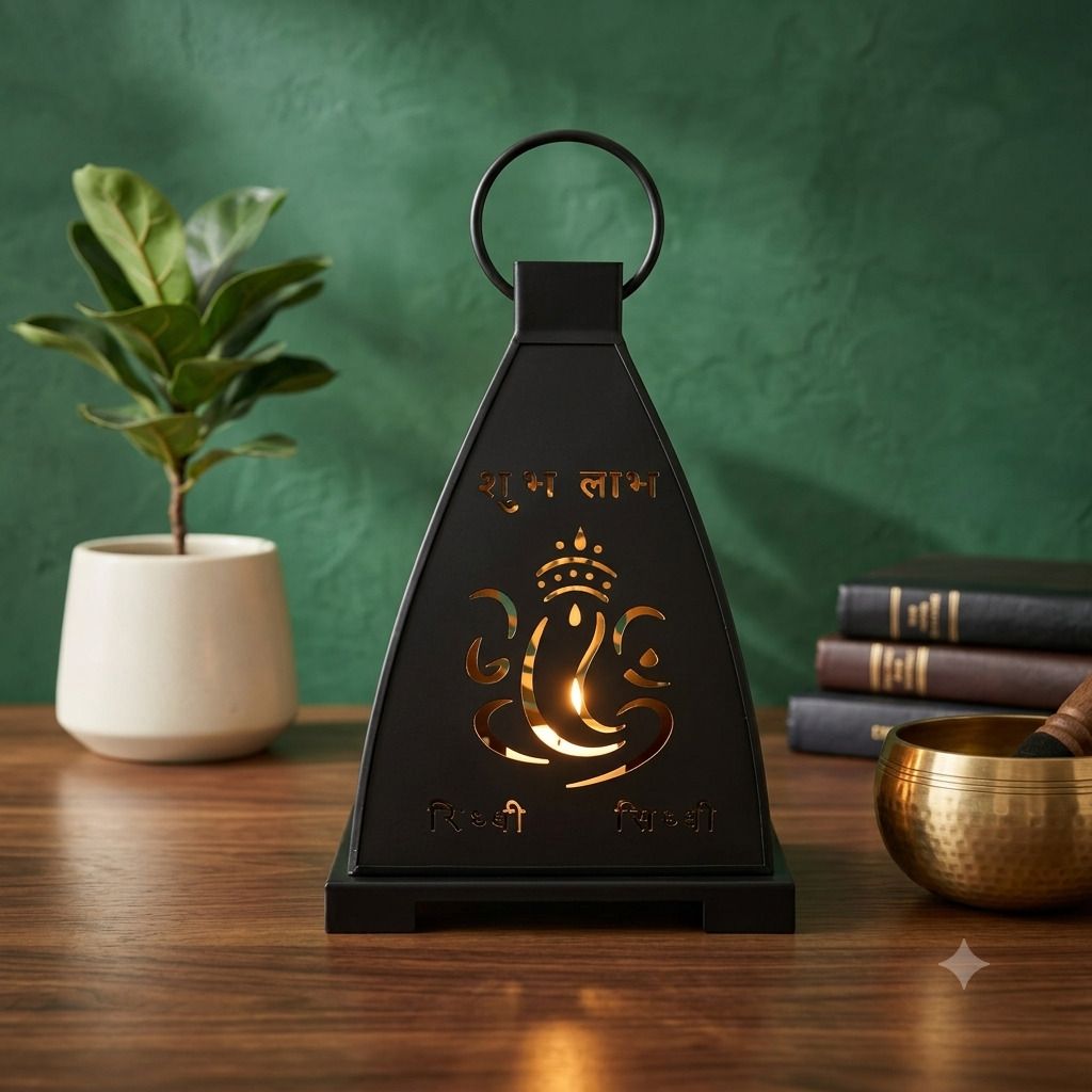 pure source india Metal Ganesha Lantern - Hanging & Tabletop Shubh Labh Tea Light Holder Black Metal Hanging Lantern-picture-39