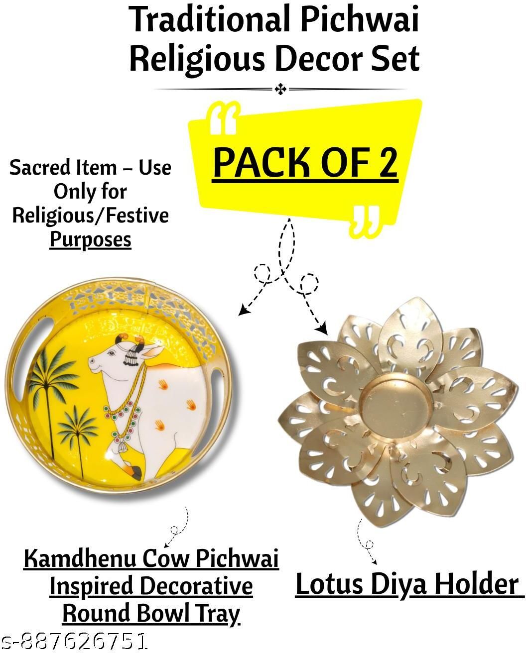 daily bhagavatam Traditional Pichwai Kamdhenu Decorative Tray & Lotus Diya Holder Set Gold Aluminium Table Lantern-picture-34