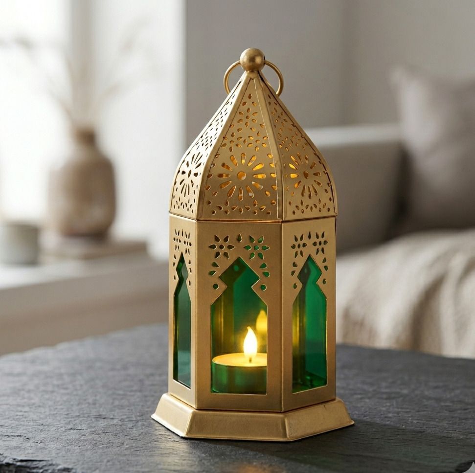 decorifyhub Luxury Moroccan Lantern Metal Candle Holder with Green Glass for Home Decor. Gold Iron Table Lantern-picture-31