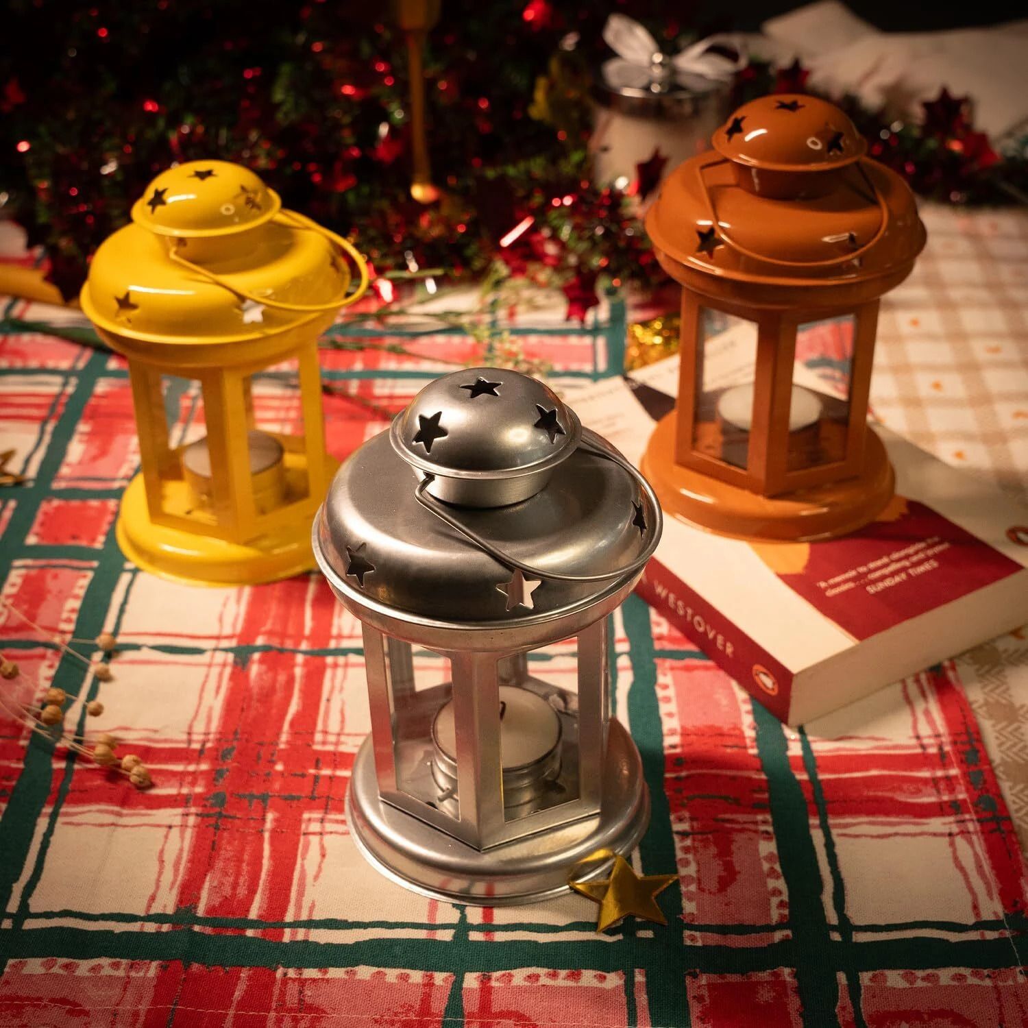 prettykrafts Set of 3 Metal Wall Hanging Lanterns for Tea Light Candles,T Light Holders Multicolor Iron Table Lantern-picture-14