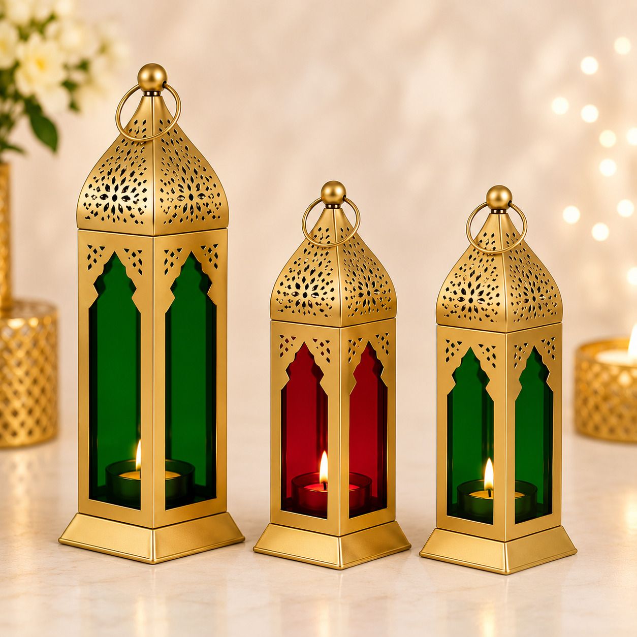D4decor Festive Home Decor & Gift Lantern Set Gold, Green, Red Metal Hanging Lantern-picture-48