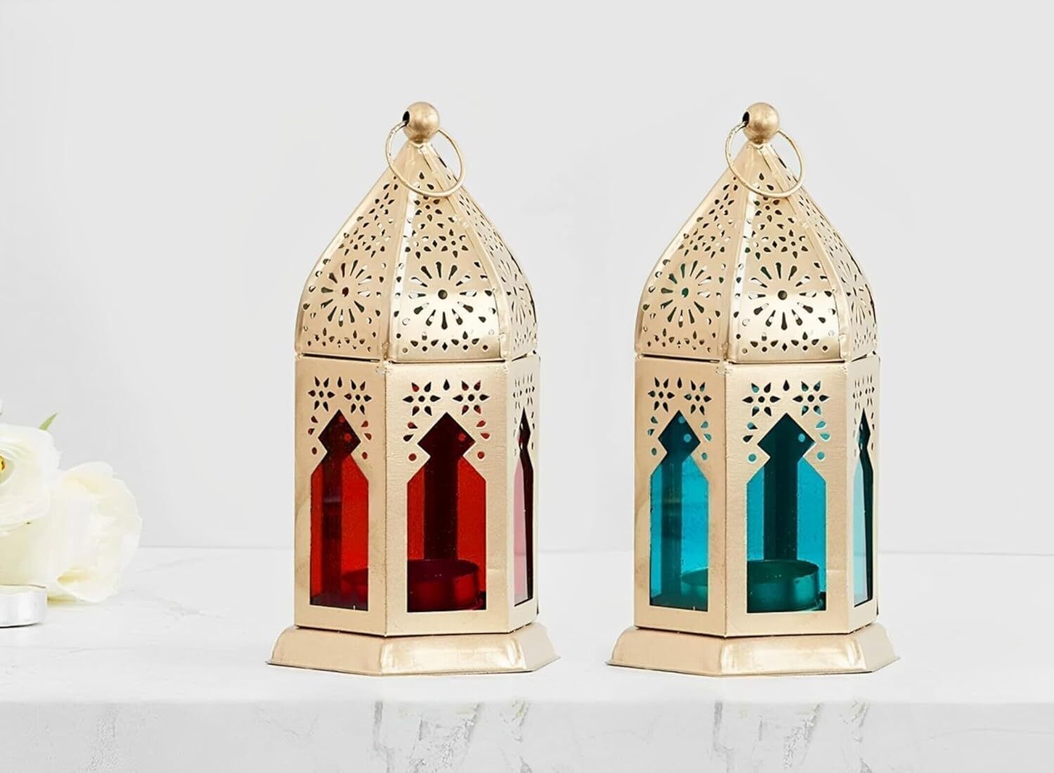 viraaz international Decorative Moroccan Lantern, Gold Metal Multicolor Iron Hanging Lantern-picture-22