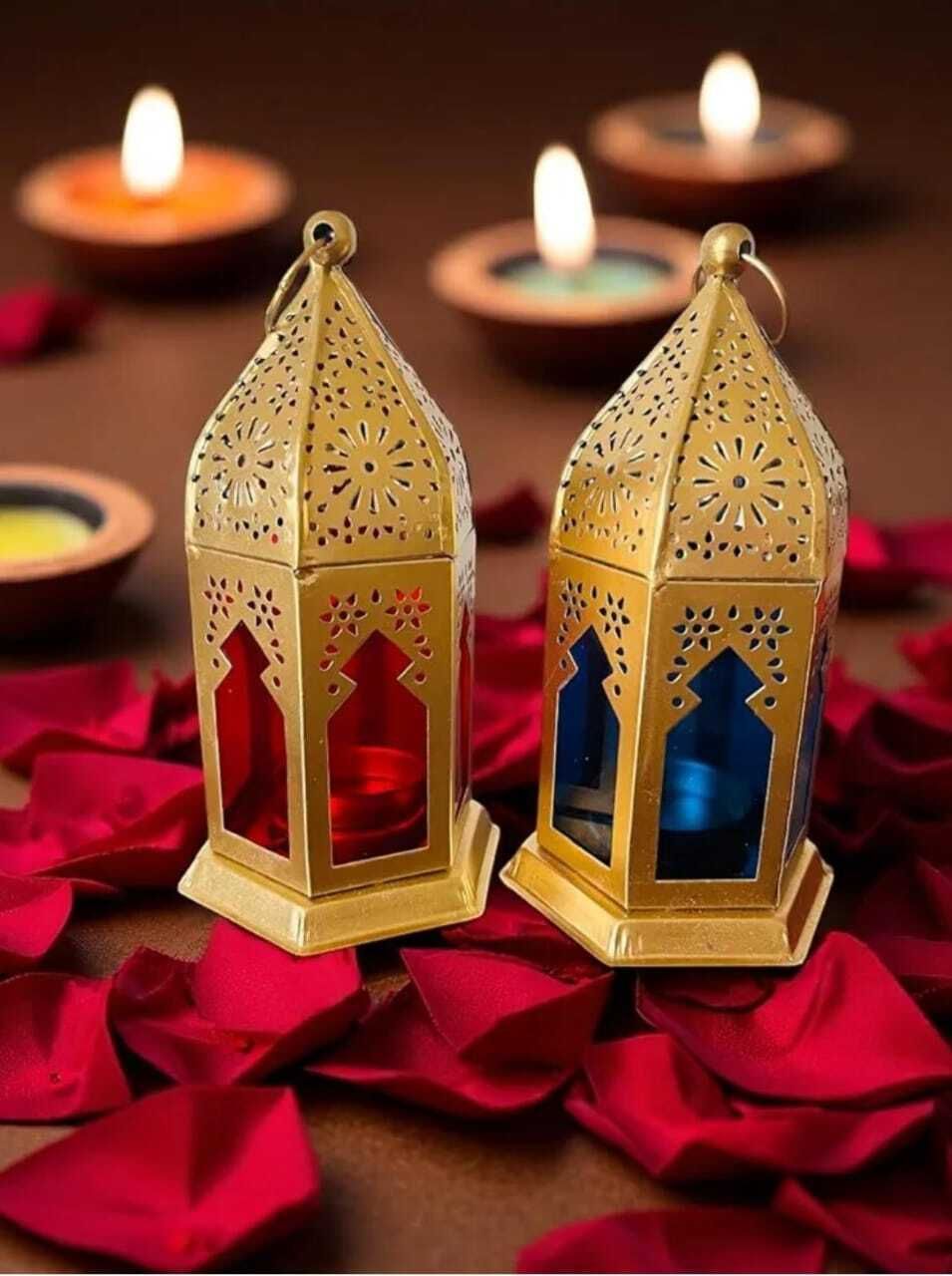 akhandicraft Items Hangings Lantern Antique Set of 2 Multi Gold Metal Table Lantern-picture-24