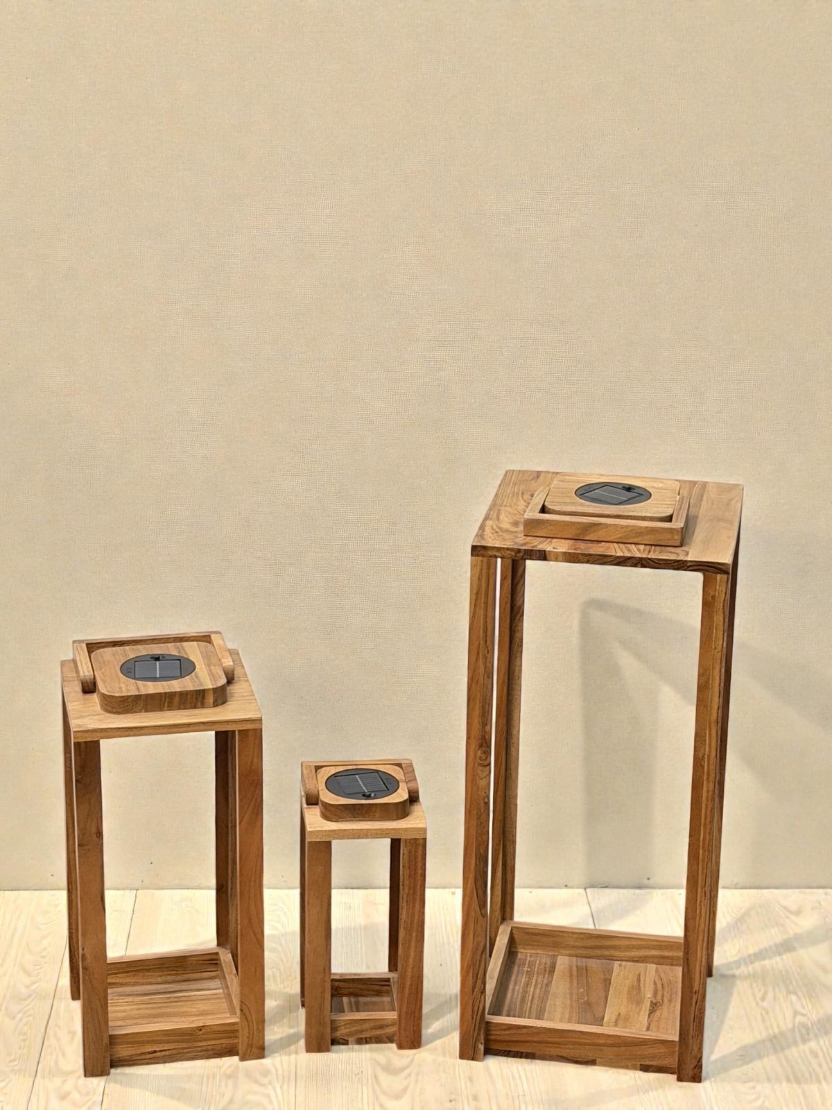 outset Set of 3 Open Frame Acacia Wood Lantern with Solar Light Brown Wooden Table Lantern-picture-30