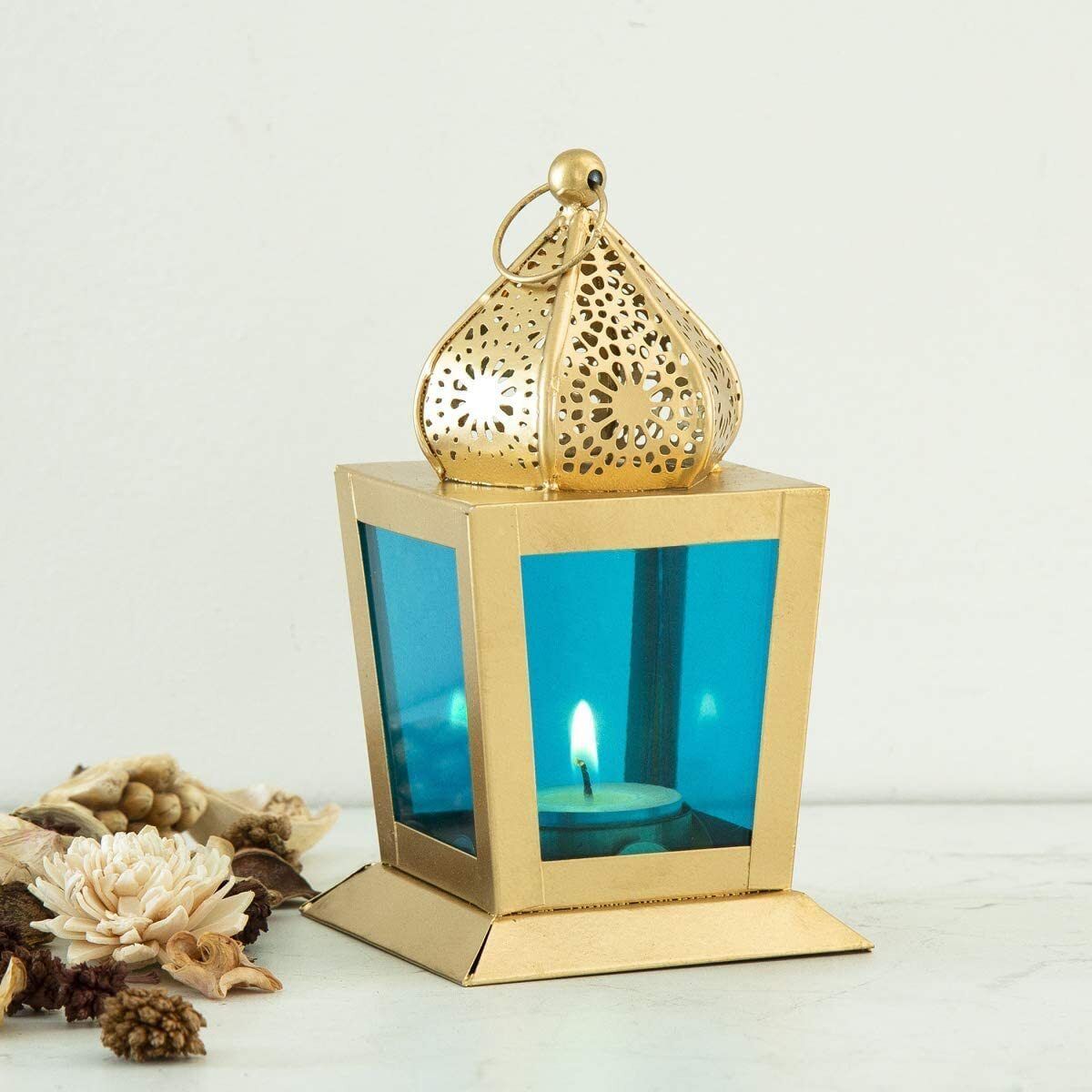 Metal Square Moksha Lantern I Lamp Tea Light Holder for Home Decoration Gold, Blue Iron, Glass Hanging Lantern-image-1