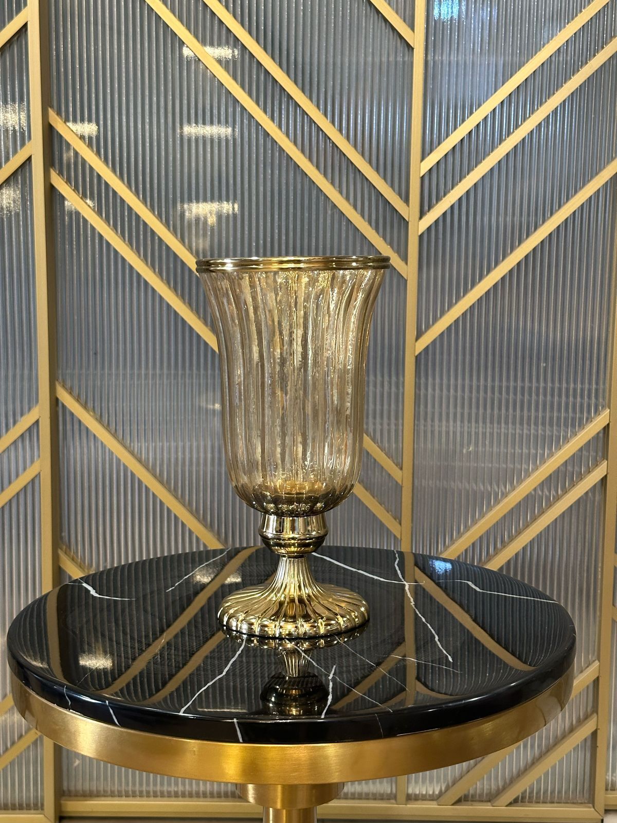 Gold Ribbed Hurricane Gold Aluminium, Glass Table Lantern-image-21