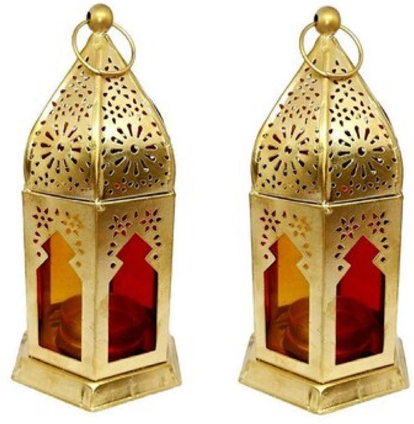 Elegant Golden Decorative Lantern Set with Intricate Cutwork Design Red Iron Hanging Lantern-image-6