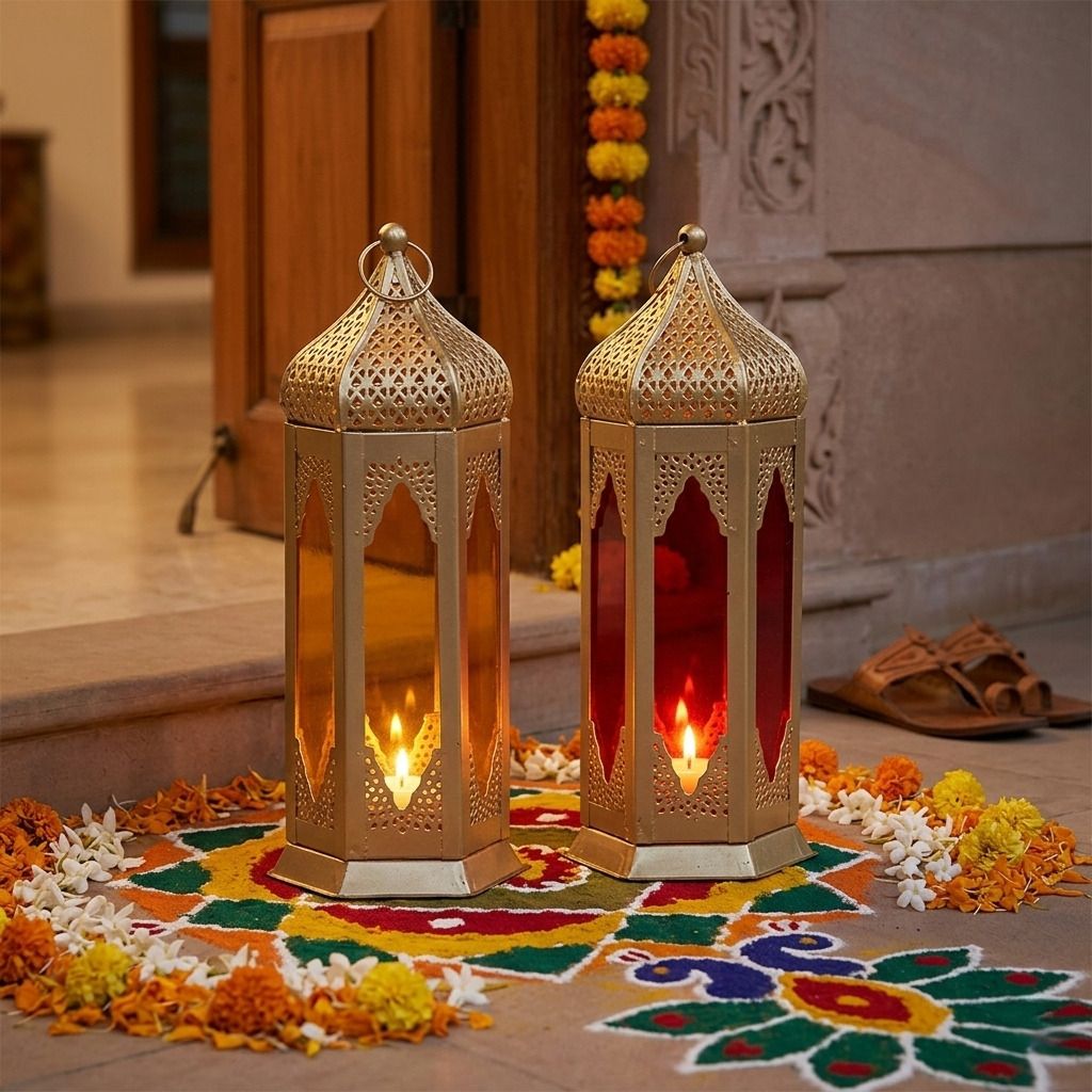 raditional Hexagonal Filigree Metal Tealight Lantern Gold Metal Table Lantern-image-1