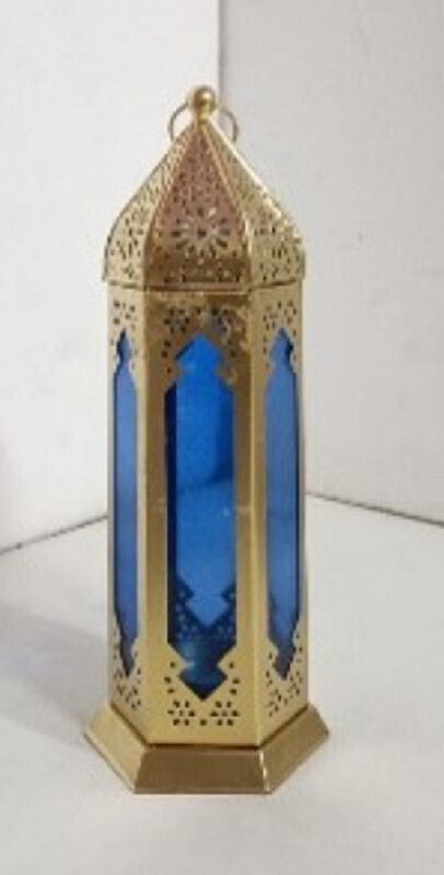 Festive Celebration Hanging cum Standing laltern Gold, Blue Iron, Glass Hanging Lantern