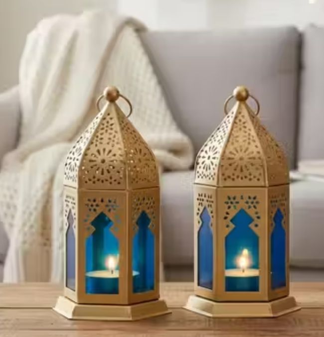 Vintage Garden Decoration Lantern Gold, Blue Metal, Glass Table Lantern-image-2