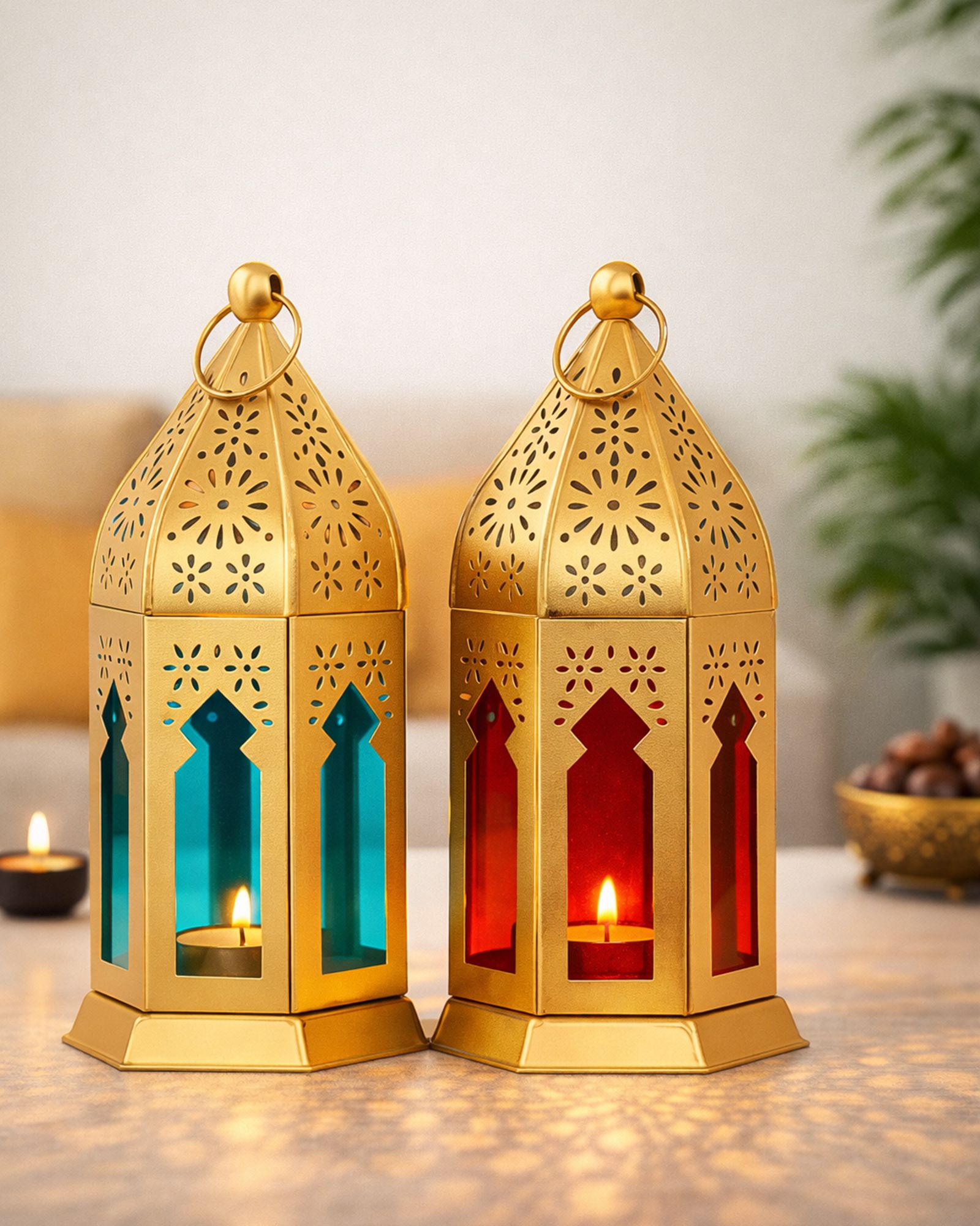Vintage Moroccan Lantern Candle Holders for Ramadan & Festive Decor Set of 2 Multicolor Iron Hanging Lantern-image-17
