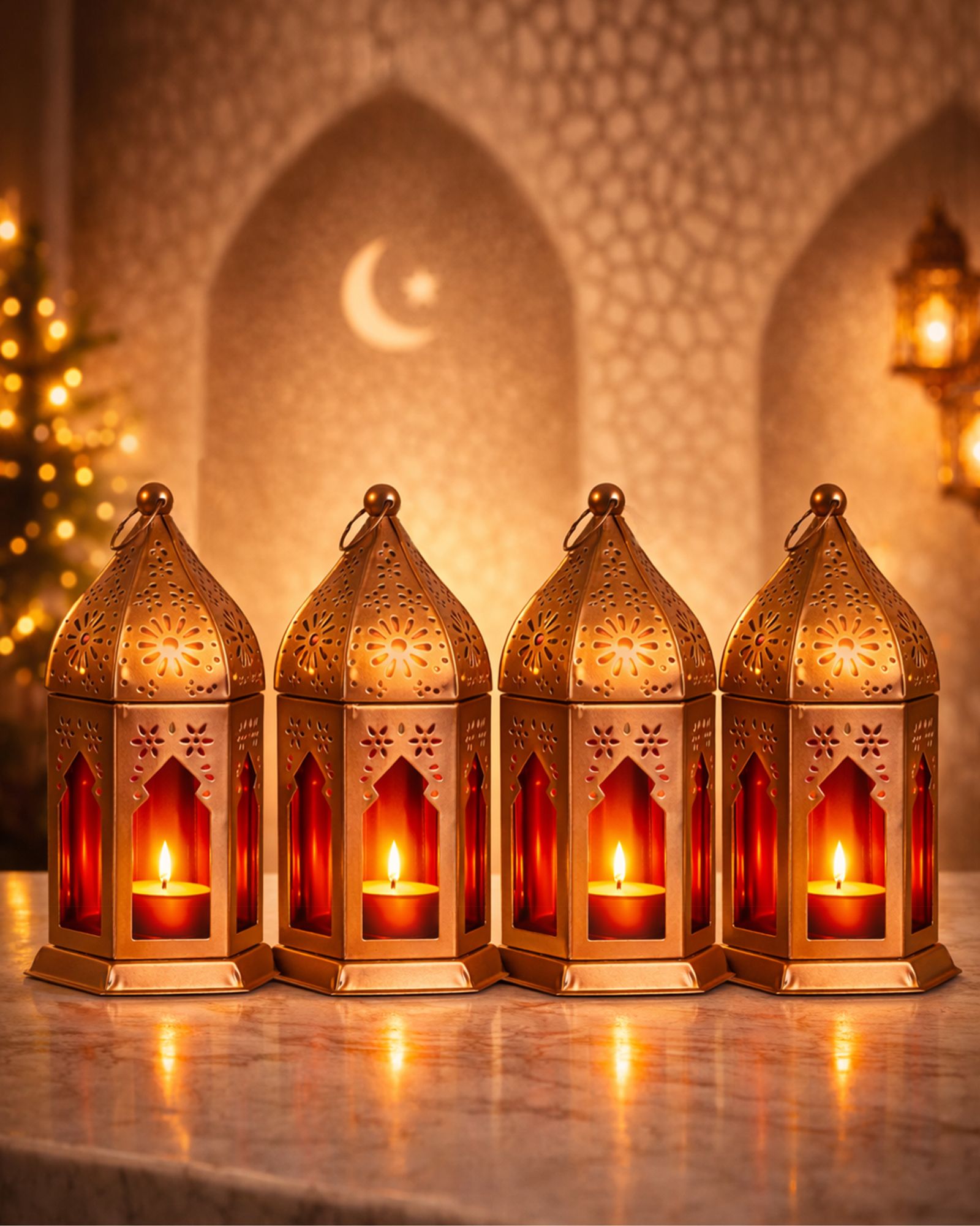 glowhere Vintage Hanging Candle Holders for Ramzan Decor, Eid, Diwali & Festive Set of 4 Red Iron Hanging Lantern-picture-44