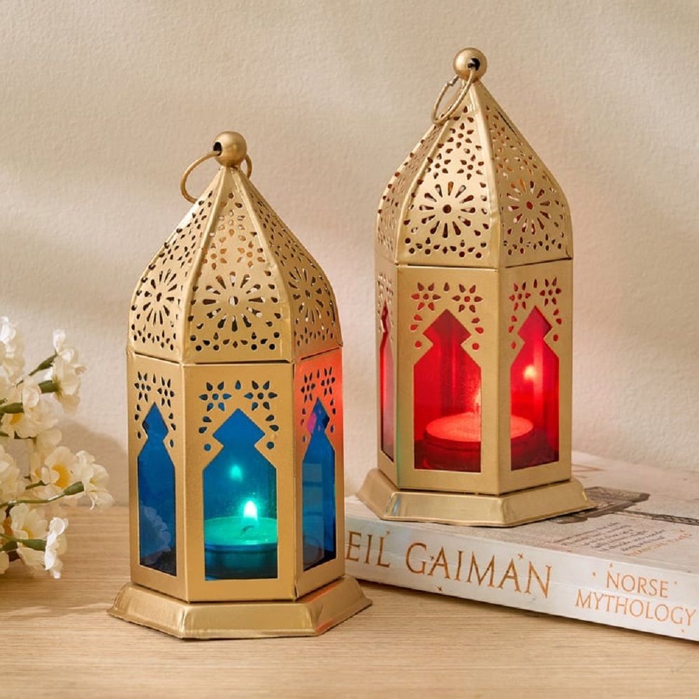 Decorative Lantern Candle Holder Vintage Style Home Table Decor Accent Multicolor Iron Table Lantern-image-47