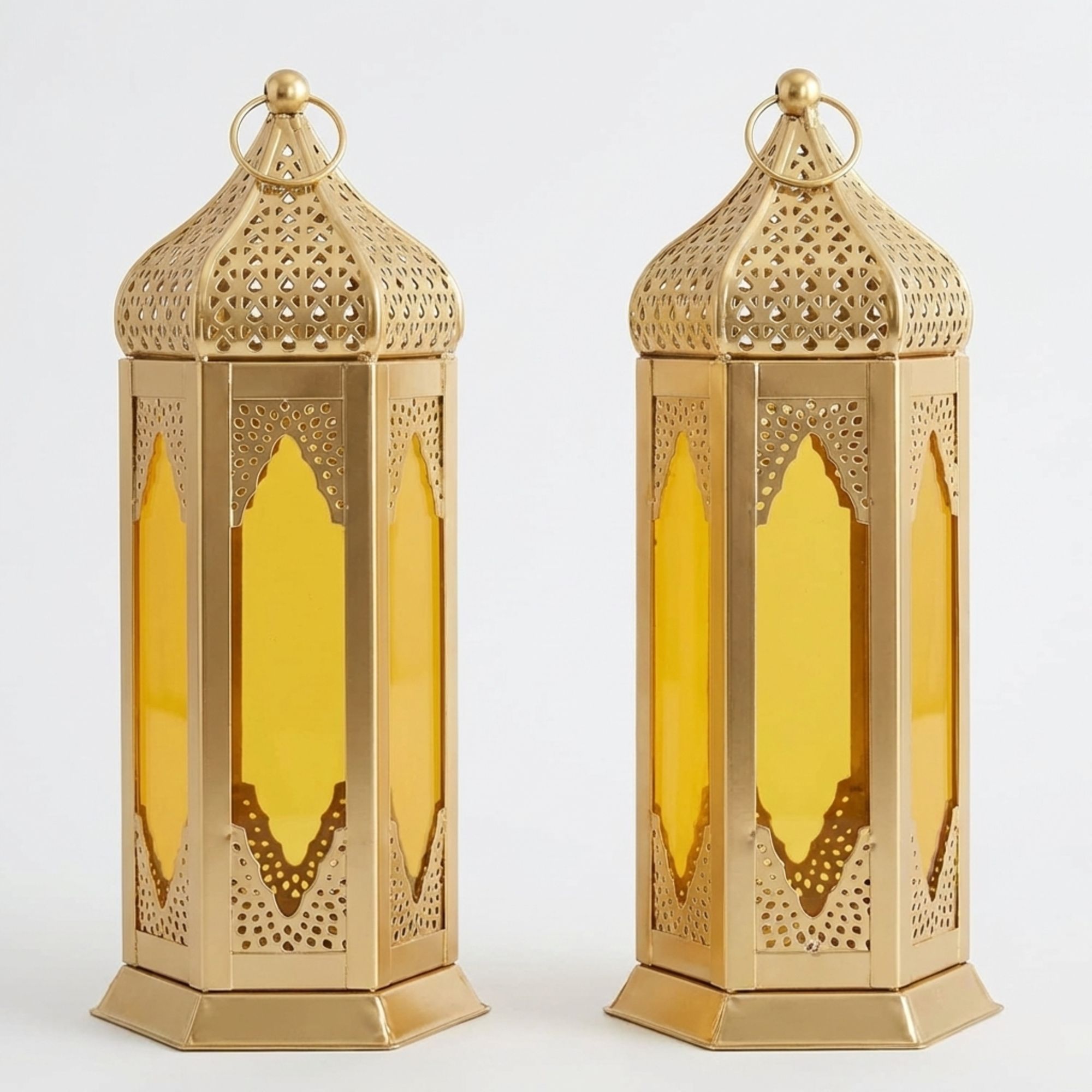 Moroccan Style Yellow Glass Lantern Set of 2 Gold, Yellow Iron Hanging Lantern-image-16