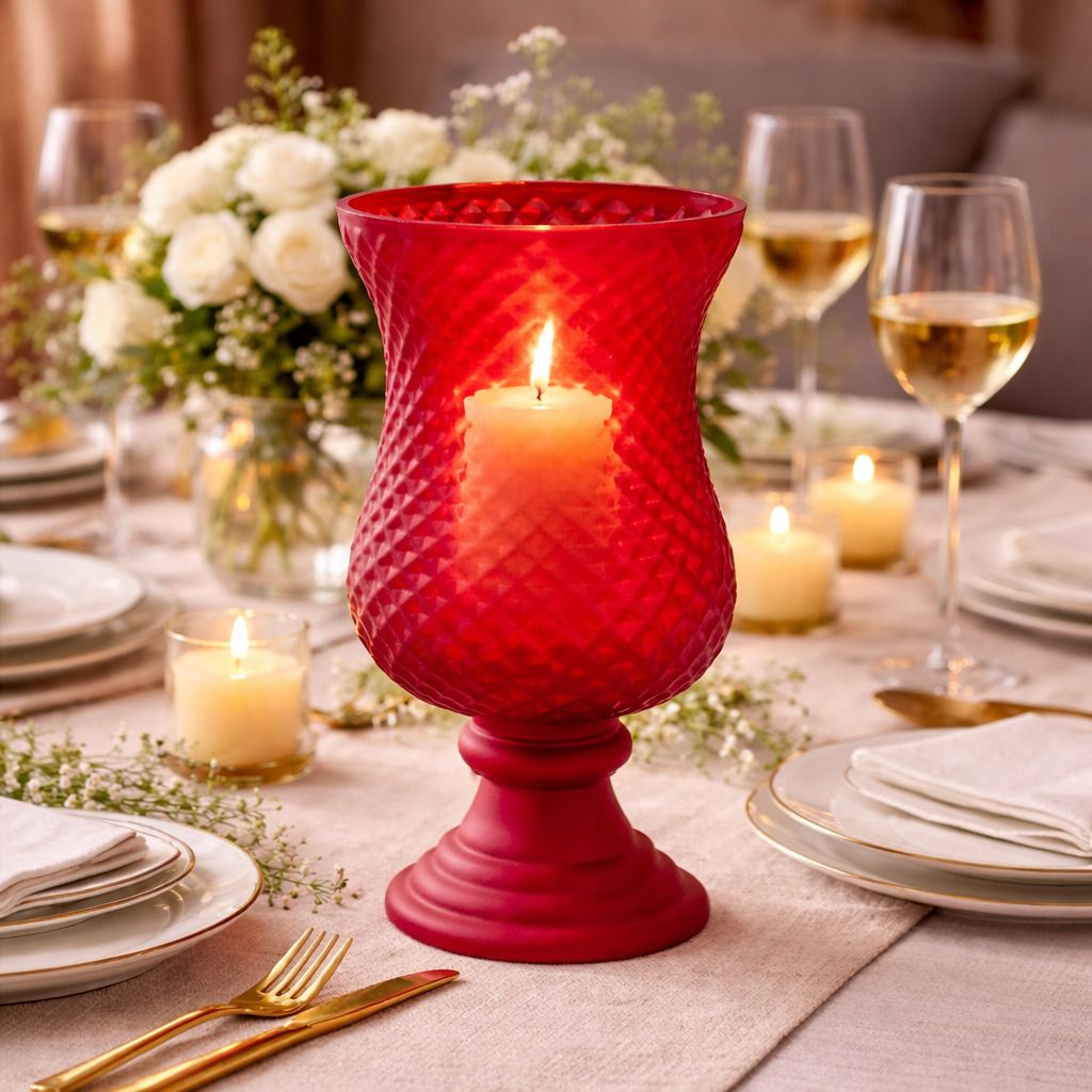 pure source india Red Glass Hurricane Candle Holder Vase – Vintage Textured Hobnail Design Red Glass Table Lantern-picture-37