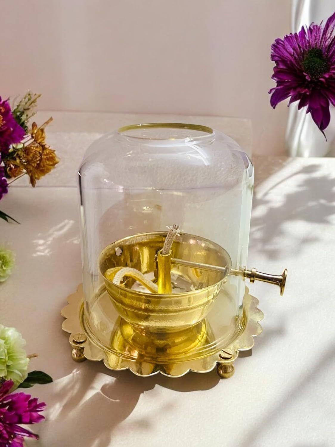 Antique Akhand Diya with Adjustable Bati for Pooja (Large) Gold Brass Table Lantern-image-38