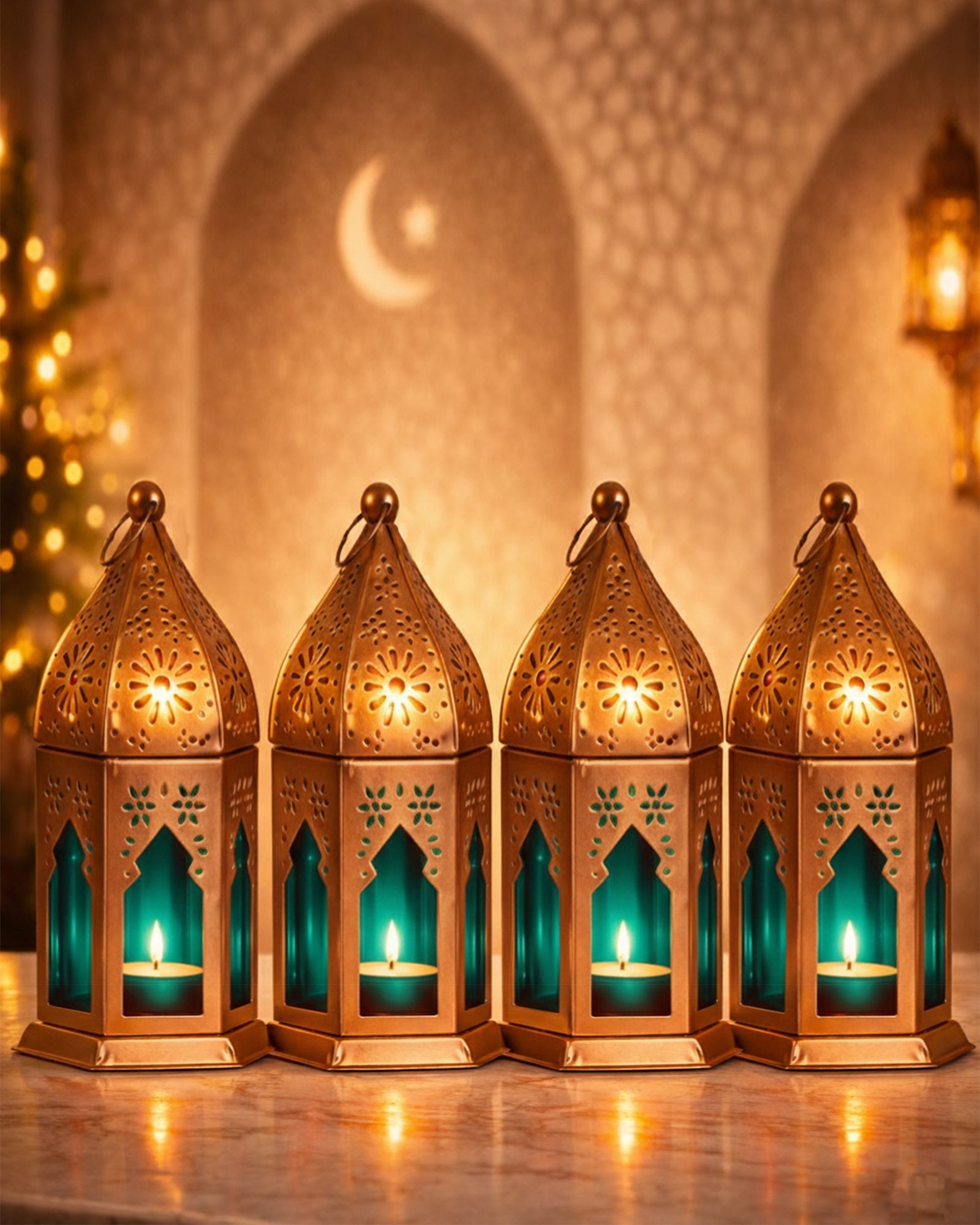 glowhere Vintage Hanging Candle Holders for Ramadan Decor, Eid, Diwali & Festive Set of 4 Blue Iron Hanging Lantern-picture-19