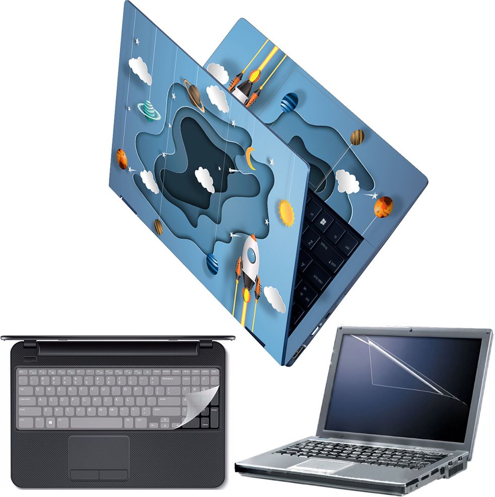 Techfit Full Body Laptop Skin with Screen Guard and Key Guard - Space Art Light Blue Combo Set-image-42