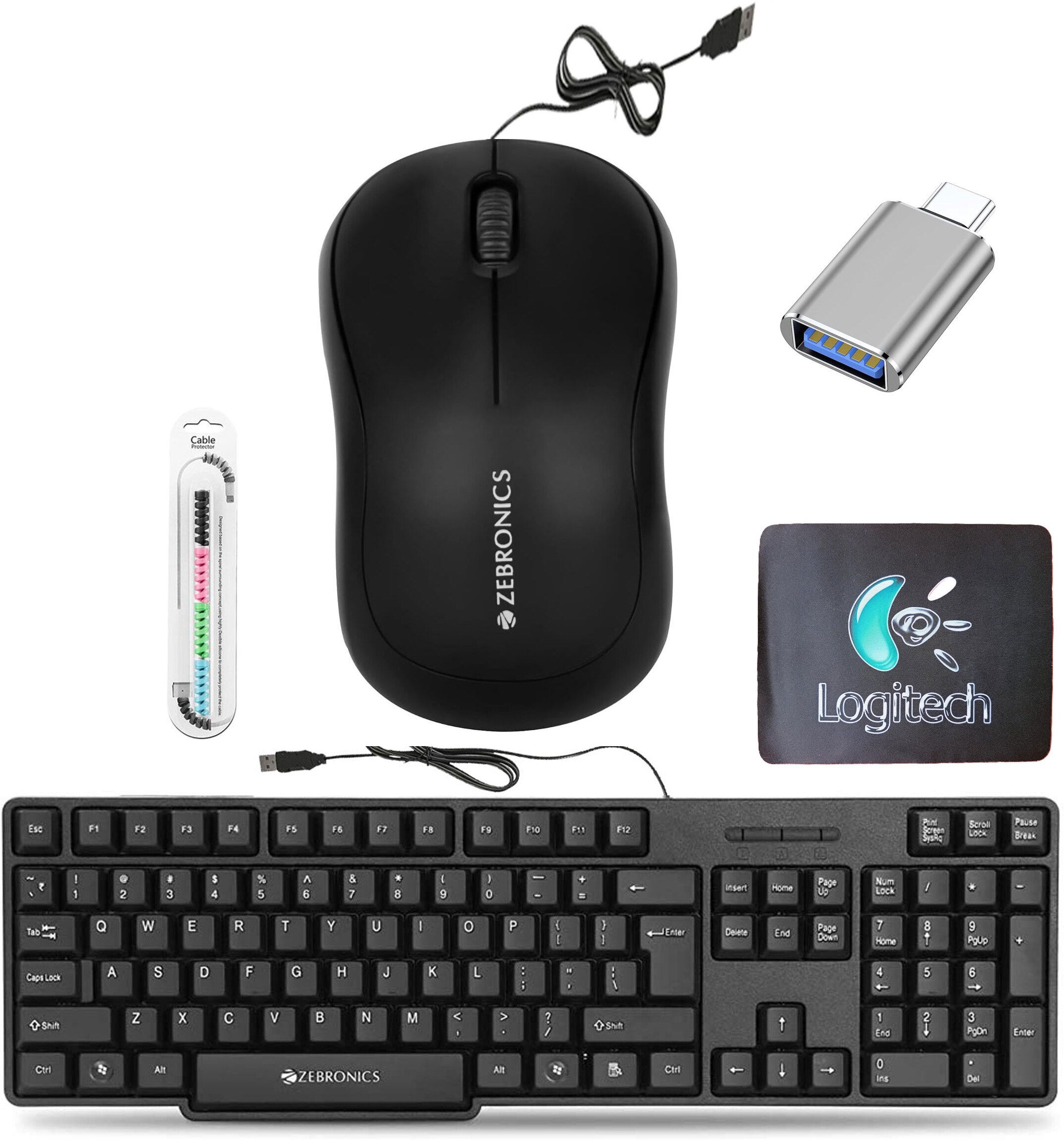 ZEBRONICS Wired Keyboard, Mouse, MousePad, C-OTG, Cable Protector (Set 5) Combo Set-picture-16