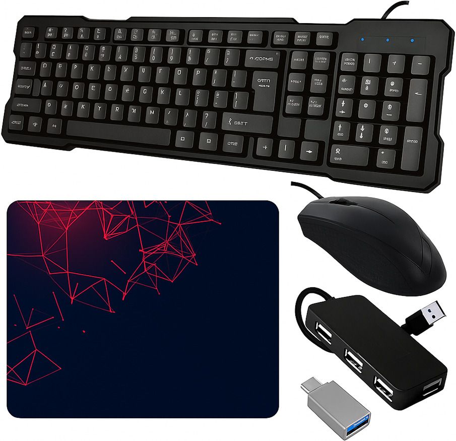 SKOG 5-in-1 Wired Keyboard and Mouse with USB Hub, C-Type OTG Cable, and Mouse Pad Combo Set
