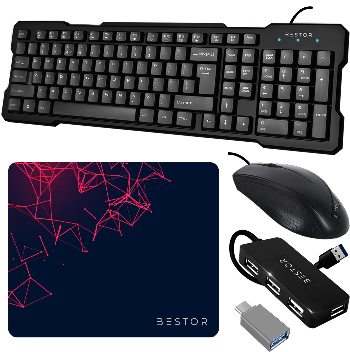 Bestor Set of 5 Combo,USB Wired Keyboard,Wire Mouse,Mouse Pad,typeC converter,4port HUB Combo Set