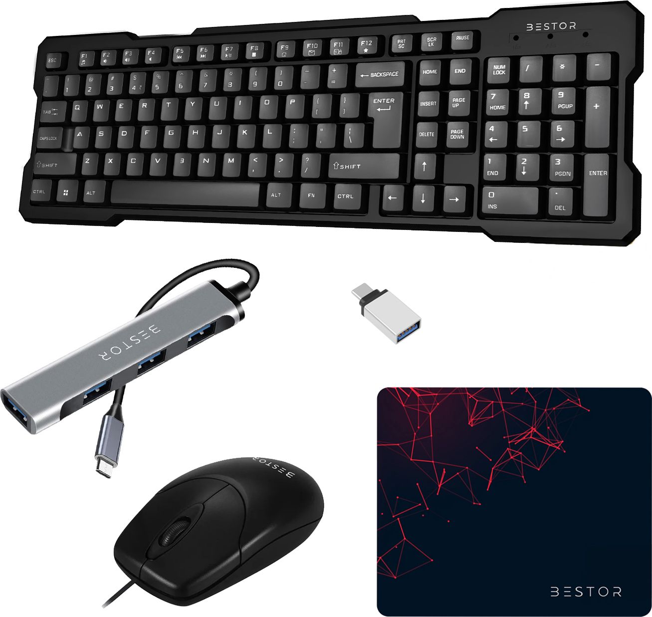 Bestor Set of 5 Combo USB Keyboard, Mouse, Mouse Pad, Type-C Converter, 4-in-1 Hub Combo Set-image-43
