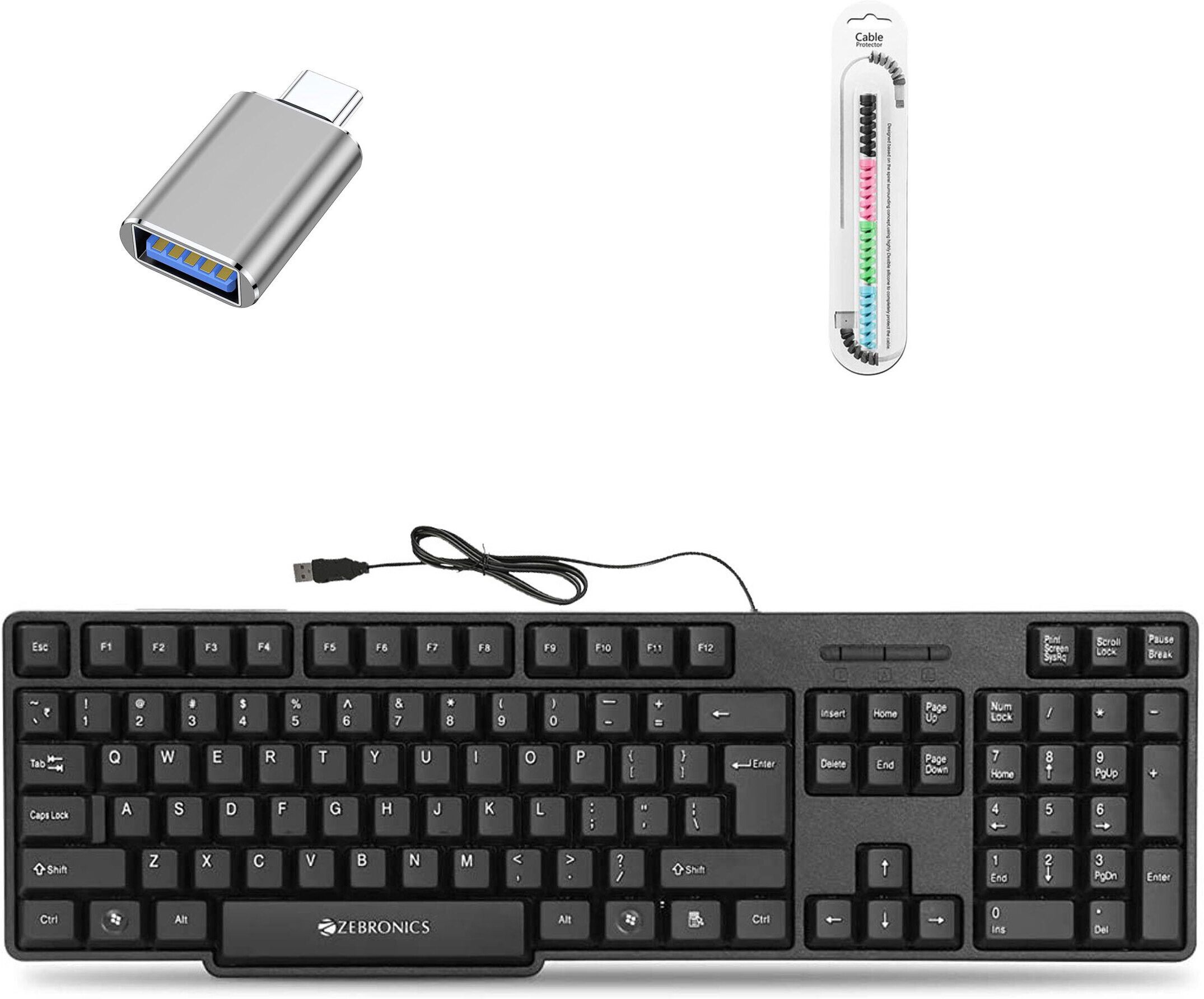 ZEBRONICS K20 Keyboard,Cable Protector ,C-OTG (Set of 3) Combo Set-image-39