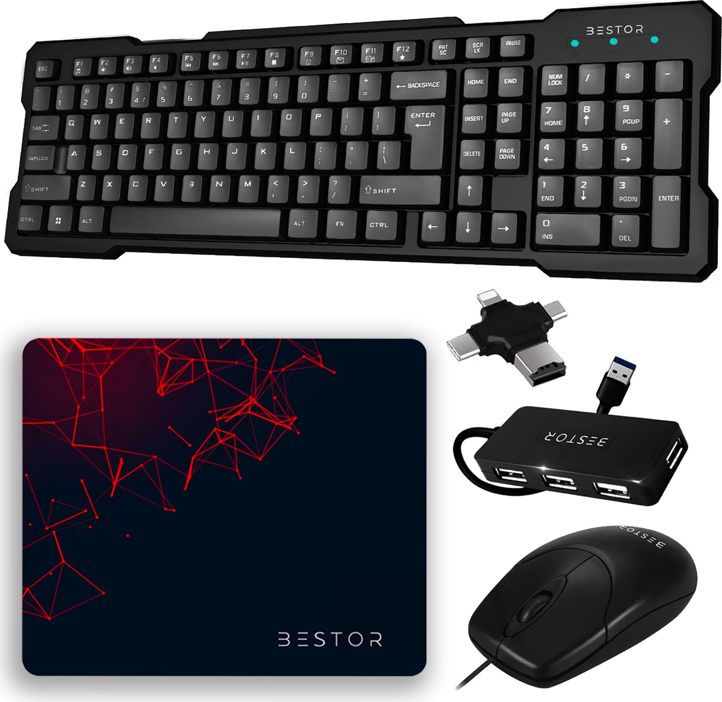 Bestor Set of 5 Combo,USB Wired Keyboard,Wire Mouse,Mouse Pad, Card Reader,4port HUB Combo Set-image-1